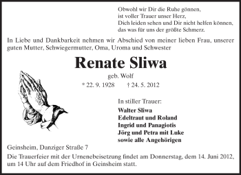 Traueranzeige von Renate Sliwa von Rüsselsheimer Echo, Groß-Gerauer-Echo, Ried Echo