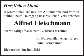 Traueranzeige von Alfred Fleischmann von Echo-Zeitungen (Gesamtausgabe)