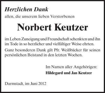 Traueranzeige von Norbert Keutzer von Echo-Zeitungen (Gesamtausgabe)