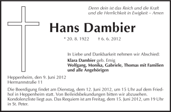 Traueranzeige von Hans Dambier von Starkenburger Echo