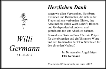 Traueranzeige von Willi Germann von Odenwälder Echo