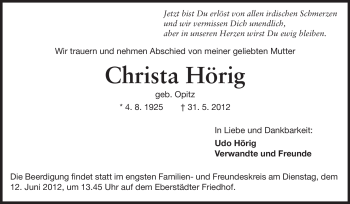 Traueranzeige von Christa Hörig von Echo-Zeitungen (Gesamtausgabe)