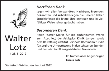Traueranzeige von Walter Lotz von Echo-Zeitungen (Gesamtausgabe)