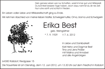 Traueranzeige von Erika Best von Darmstädter Echo, Odenwälder Echo, Rüsselsheimer Echo, Groß-Gerauer-Echo, Ried Echo