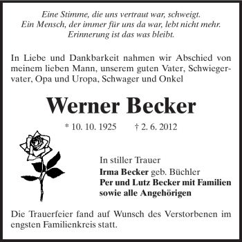 Traueranzeige von Werner Becker von Echo-Zeitungen (Gesamtausgabe)