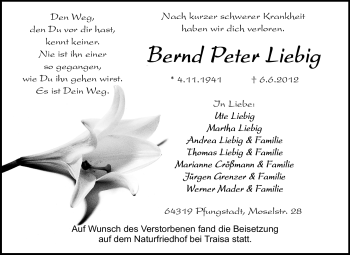 Traueranzeige von Bernd Peter Liebig von Echo-Zeitungen (Gesamtausgabe)