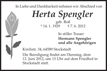 Traueranzeige von Herta Spengler von Rüsselsheimer Echo, Groß-Gerauer-Echo, Ried Echo