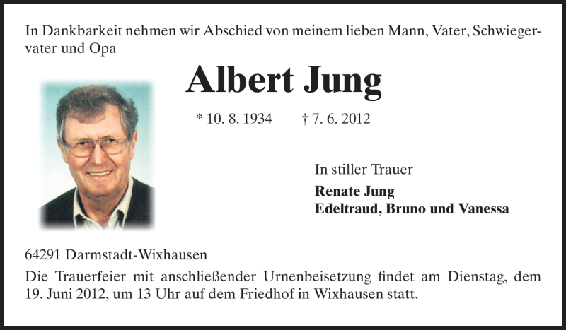  Traueranzeige für Albert Jung vom 15.06.2012 aus Echo-Zeitungen (Gesamtausgabe)