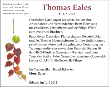 Traueranzeige von Thomas Eales von Odenwälder Echo