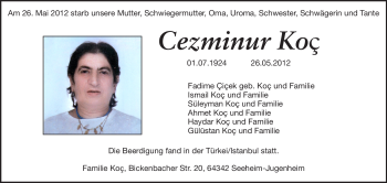 Traueranzeige von Cezminur Koc von Echo-Zeitungen (Gesamtausgabe)