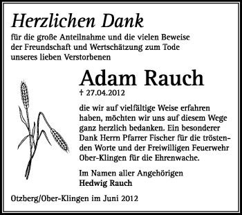 Traueranzeige von Adam Rauch von Echo-Zeitungen (Gesamtausgabe)