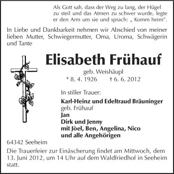 Traueranzeige von Elisabeth Frühauf von Echo-Zeitungen (Gesamtausgabe)