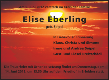 Traueranzeige von Elise Eberling von Rüsselsheimer Echo, Groß-Gerauer-Echo, Ried Echo