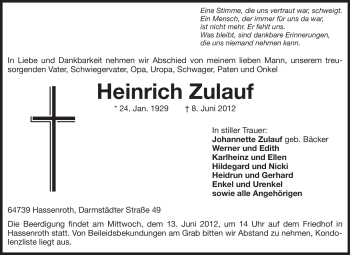 Traueranzeige von Heinrich Zulauf von Odenwälder Echo