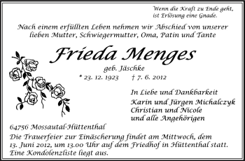 Traueranzeige von Frieda Menges von Odenwälder Echo
