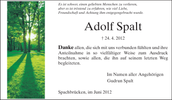 Traueranzeige von Adolf Spalt von Darmstädter Echo, Odenwälder Echo, Rüsselsheimer Echo, Groß-Gerauer-Echo, Ried Echo