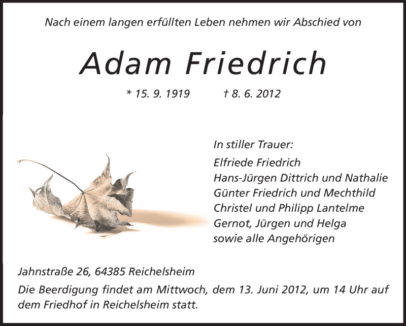  Traueranzeige für Adam Friedrich vom 12.06.2012 aus Odenwälder Echo