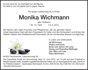 Traueranzeige von Monika Wichmann von Echo-Zeitungen (Gesamtausgabe)