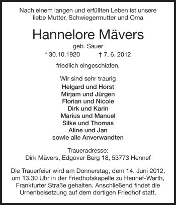 Traueranzeige von Hannelore Mävers von Rüsselsheimer Echo, Groß-Gerauer-Echo, Ried Echo