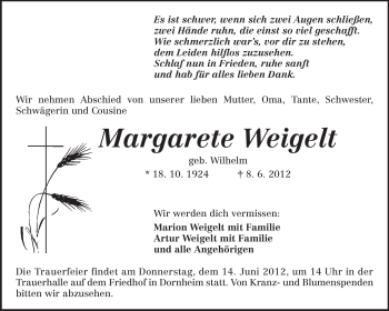 Traueranzeige von Margarete Weigelt von Rüsselsheimer Echo, Groß-Gerauer-Echo, Ried Echo