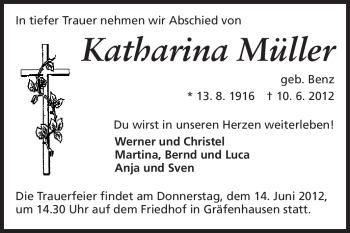 Traueranzeige von Katharina Müller von Echo-Zeitungen (Gesamtausgabe)