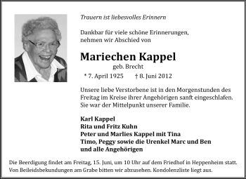 Traueranzeige von Mariechen Kappel von Starkenburger Echo, Bergsträßer Anzeiger