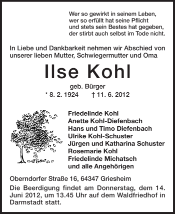 Traueranzeige von Ilse Kohl von Echo-Zeitungen (Gesamtausgabe)