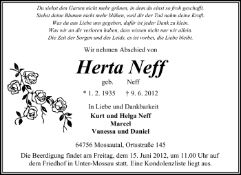 Traueranzeige von Herta Neff von Odenwälder Echo