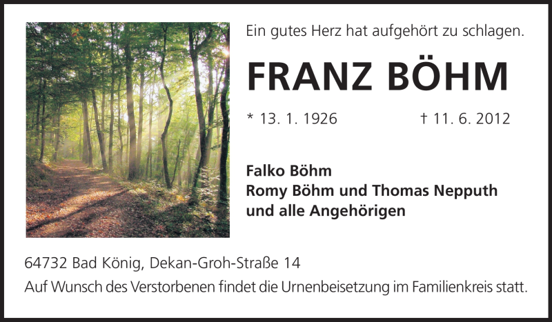  Traueranzeige für Franz Böhm vom 13.06.2012 aus Odenwälder Echo