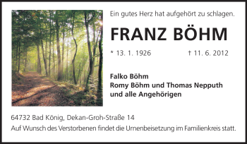 Traueranzeige von Franz Böhm von Odenwälder Echo