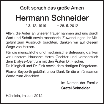 Traueranzeige von Hermann Schneider von Darmstädter Echo, Odenwälder Echo, Rüsselsheimer Echo, Groß-Gerauer-Echo, Ried Echo