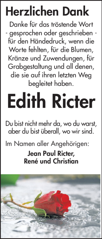 Traueranzeige von Edith Ricter von Darmstädter Echo, Odenwälder Echo, Rüsselsheimer Echo, Groß-Gerauer-Echo, Ried Echo