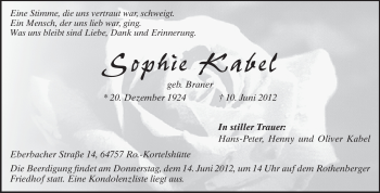 Traueranzeige von Sophie Kabel von Odenwälder Echo
