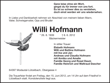 Traueranzeige von Willi Hofmann von Echo-Zeitungen (Gesamtausgabe)
