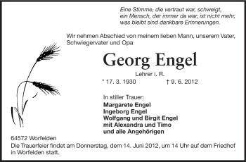 Traueranzeige von Georg Engel von Rüsselsheimer Echo, Groß-Gerauer-Echo, Ried Echo