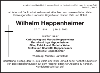 Traueranzeige von Wilhelm Heppenheimer von Echo-Zeitungen (Gesamtausgabe)