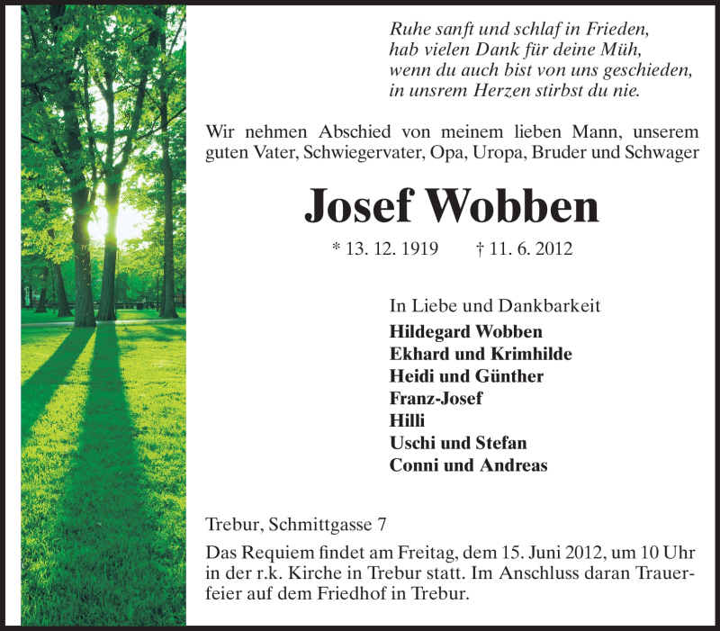  Traueranzeige für Josef Wobben  vom 13.06.2012 aus Rüsselsheimer Echo, Groß-Gerauer-Echo, Ried Echo