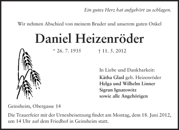 Traueranzeige von Daniel Heizenröder von Rüsselsheimer Echo, Groß-Gerauer-Echo, Ried Echo