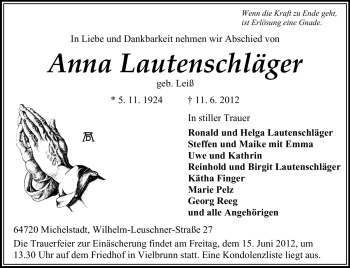 Traueranzeige von Anna Lautenschläger von Odenwälder Echo