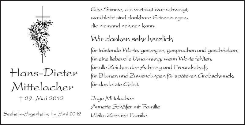  Traueranzeige für Hans-Dieter Mittelacher vom 16.06.2012 aus Darmstädter Echo, Odenwälder Echo, Rüsselsheimer Echo, Groß-Gerauer-Echo, Ried Echo