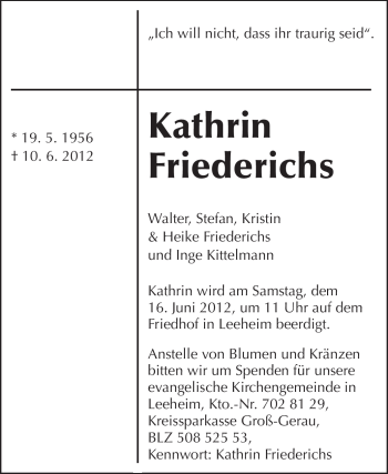 Traueranzeige von Kathrin Friederichs von Rüsselsheimer Echo, Groß-Gerauer-Echo, Ried Echo