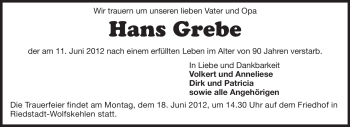 Traueranzeige von Hans Grebe von Echo-Zeitungen (Gesamtausgabe)