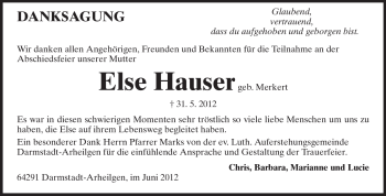 Traueranzeige von Else Hauser von Echo-Zeitungen (Gesamtausgabe)