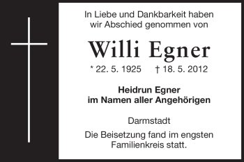 Traueranzeige von Willi Egner von Echo-Zeitungen (Gesamtausgabe)