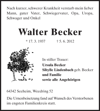 Traueranzeige von Walter Becker von Echo-Zeitungen (Gesamtausgabe)