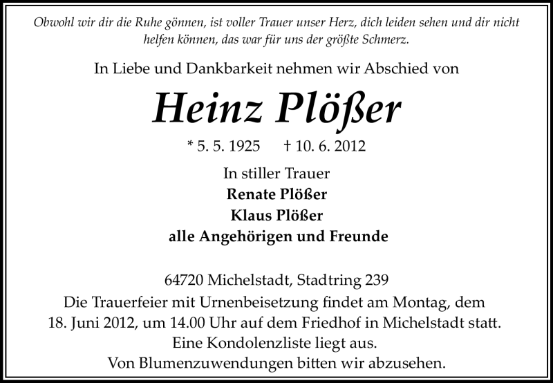  Traueranzeige für Heinz Plößer vom 14.06.2012 aus Odenwälder Echo