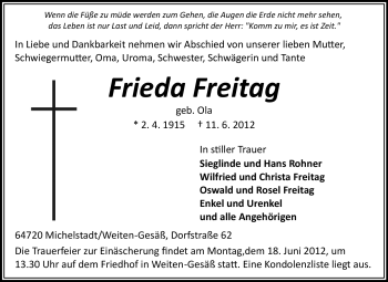 Traueranzeige von Frieda Freitag von Odenwälder Echo