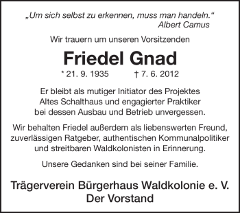 Traueranzeige von Friedel Gnad von Echo-Zeitungen (Gesamtausgabe)