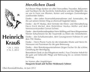 Traueranzeige von Heinrich Krauß von Echo-Zeitungen (Gesamtausgabe)