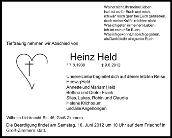 Traueranzeige von Heinz Held von Echo-Zeitungen (Gesamtausgabe)